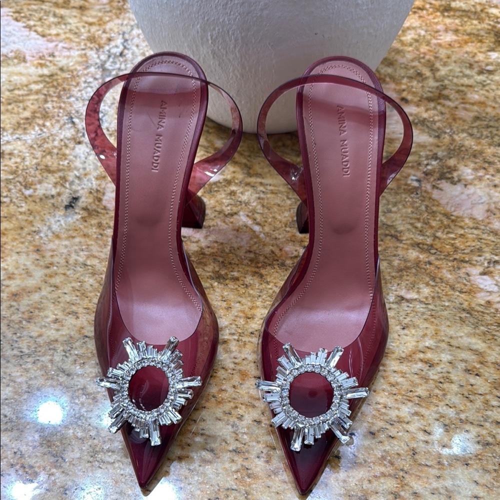 Amina Muaddi Red Heels with Crystal Brooch